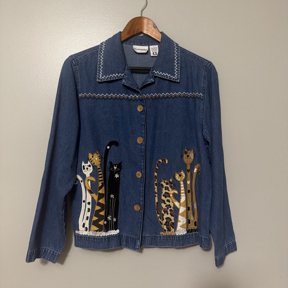 Vintage 90s Cat Applique Denim Shirt Jacket Size M Whimsical Art To Wear Teacher